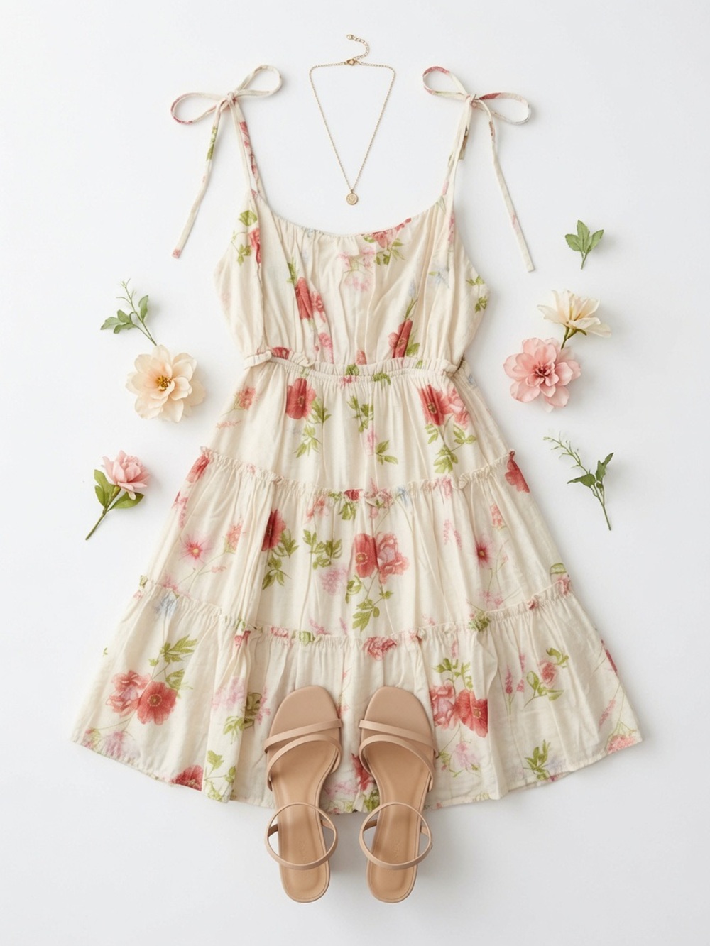 Floral Spaghetti Strap Tiered Back Tie Mini Dress Large